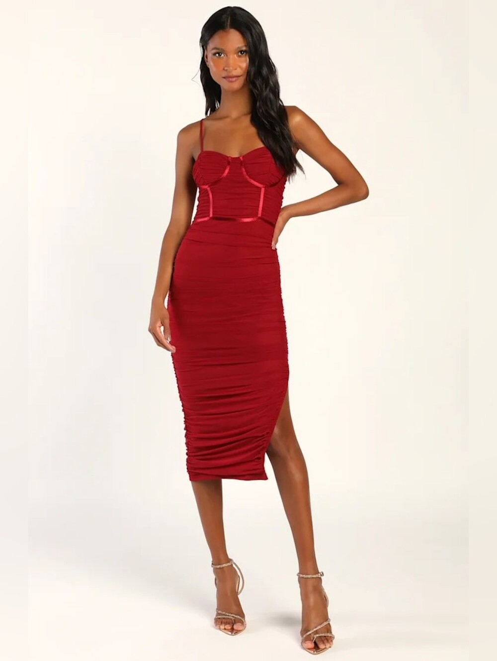 Easily Infatuated Wine Red Mesh Bustier Bodycon Midi Dress